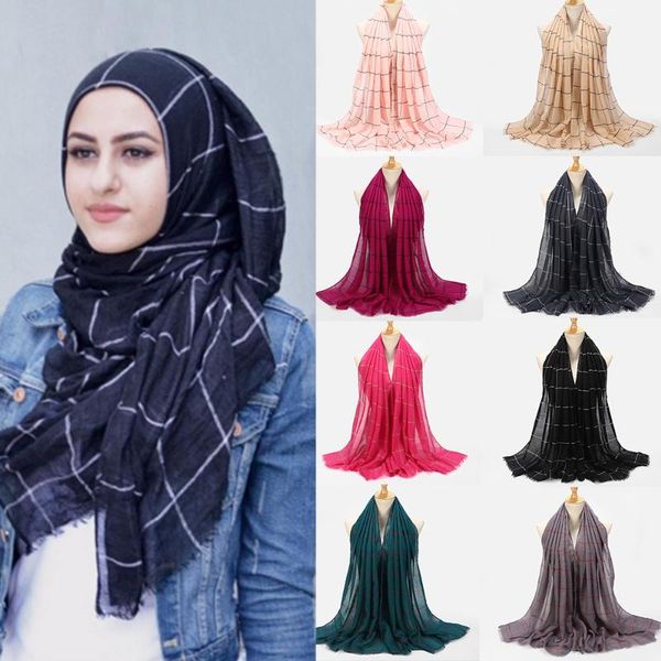 

scarves 10pcs plaids tartan cotton voile muslim hijab scarf for ladies long cross stripes double color islamic hijabs shawl wrap, Blue;gray