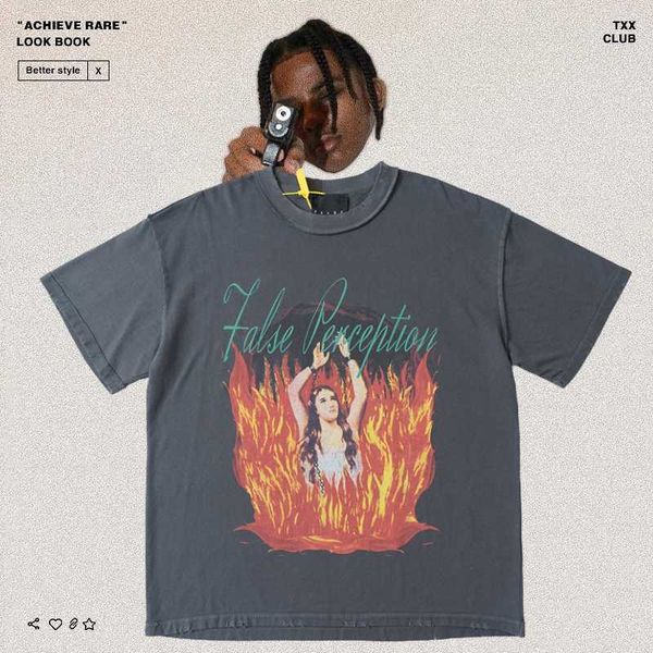 

vintage worn out burning alice high street fog trendy men's and women's loose hip-hop short sleeve t-shirt, White;black