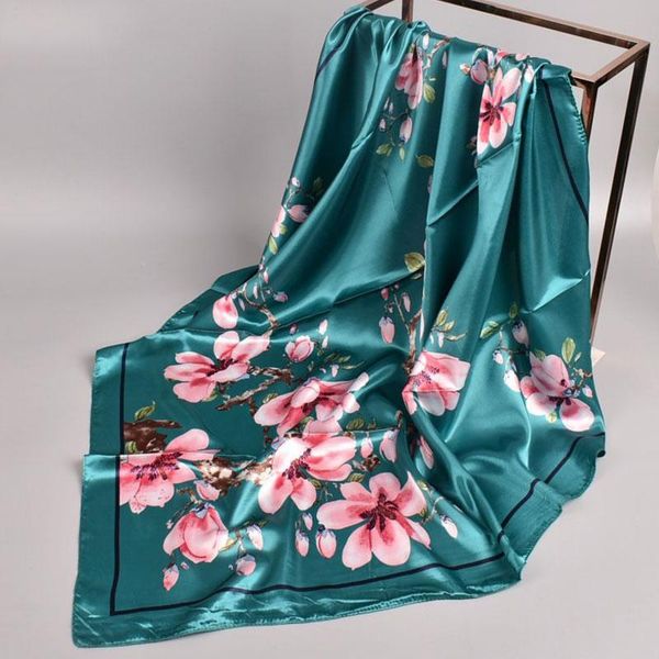 

scarves fashion kerchief hair scarf for women floral print silk satin hijab scarfs 90*90cm square shawl headband ladies 2021, Blue;gray