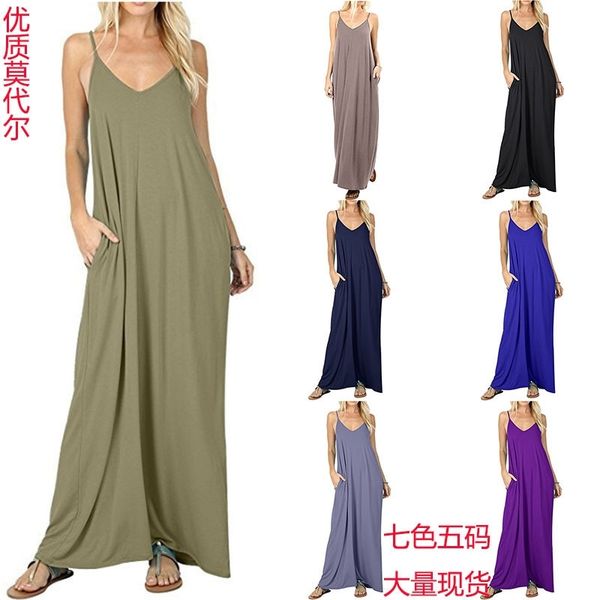 

2020 summer solid pocket strap vest dress, Black;gray