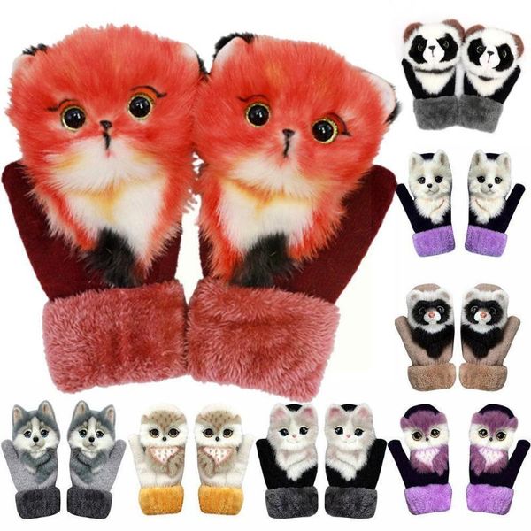 

five fingers gloves 2021 warm animal dog panda raccoon design cute winter 22cm girls fashion full long finger princess soft g1g0, Blue;gray