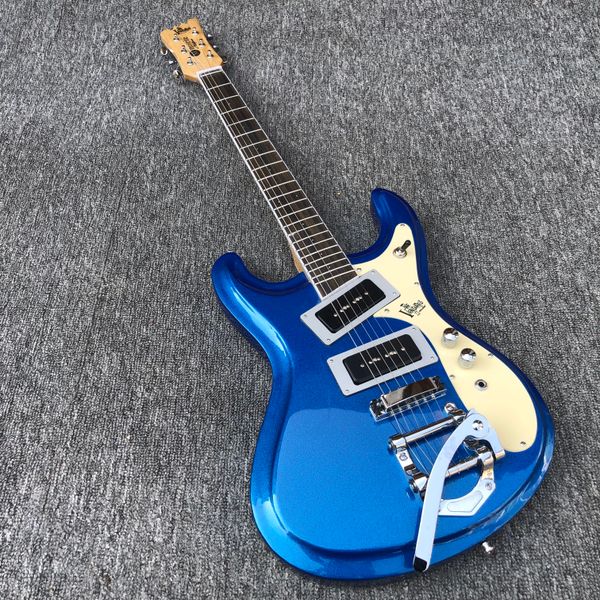

high grade st electric guitar, bright blue, with vibrato, left hand playing, neck through body, customized by chinese factory