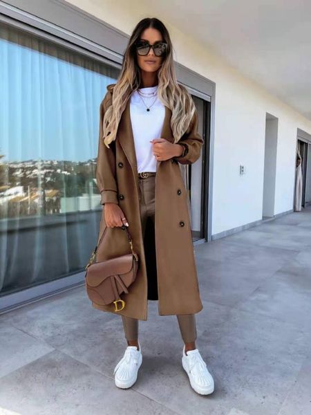 

women's wool & blends autumn and winter long-sleeved suit collar double-breasted coat women casual fashion white mid-length temperament, Black