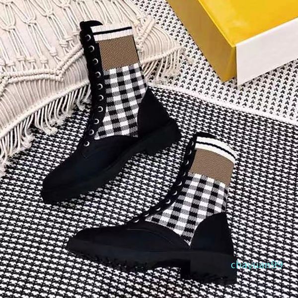 

201010 leather women's boots 2021 classic designer luxury martin knight lace-up chunky soled check low heel sizes 35-41, Black