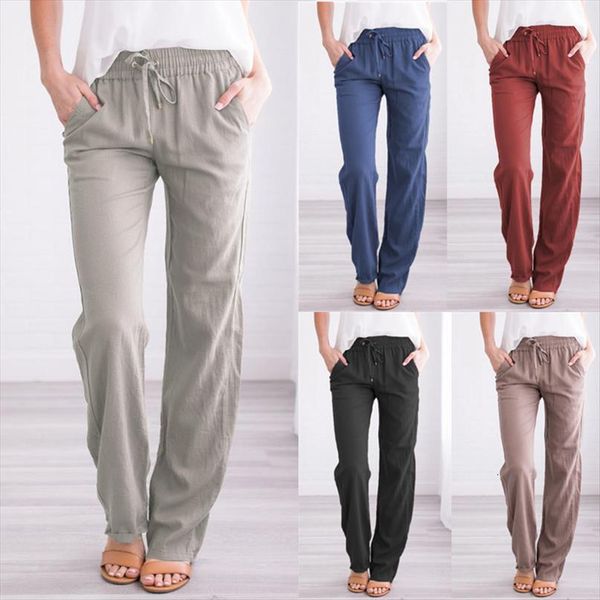 

summer linen drawstring loose womens capri plus size elastic waist pocket solid trousers casual wide leg long, Black;white