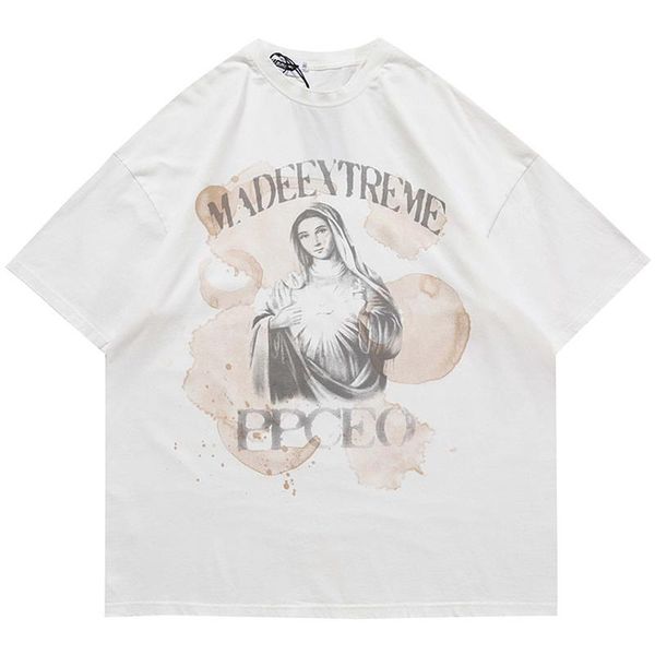 

men's t-shirts mens vintage print couple t shirt hiphop short sleeve 2021 summer o-neck oversize washed shirts 100%cotton, White;black