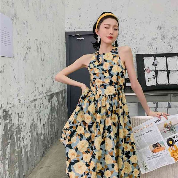 

casual dresses summer floral print open back cotton linen women sleeveless yellow a line long midi tank korean fashion d0nm, Black;gray