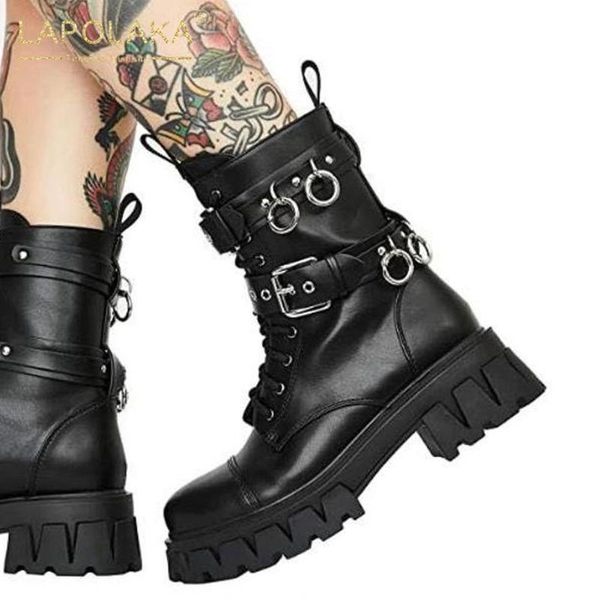 

boots lapolaka 2021 design motorcycle women shoes platform lace up comfortable buckle decoration dropship ladies, Black