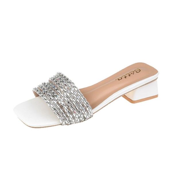 

slippers women's shoes 2021 summer style korean open-toed thick heel outer wear half-drag rhinestone fashion, Black