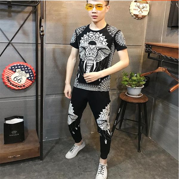 

men's tracksuits summer fashion sports suit printed t-shirt+slim pants high-quality leisure 2-piece set, Gray