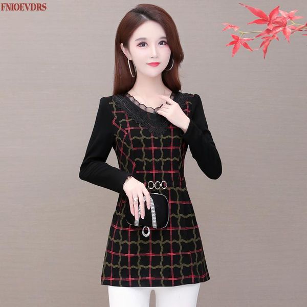 

women vintage blouses 2021 autumn basic shirts patchwork black lace long shirt female casual plaid peplum tunic camisas women's &, White