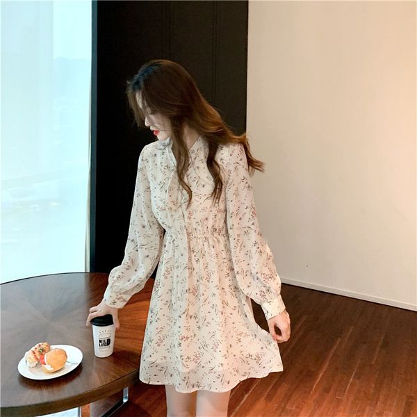 

casual dresses cmaz autumn small floral collar chiffon printed dress short fitted waist sweet slim fit slimming zxq0, Black;gray