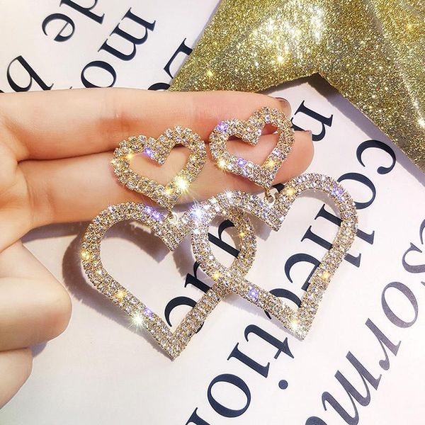 

Dangle & Chandelier 1 Pair Exaggerated Fashion Crystal Double Heart Earrings Contracted Joker Long Women Drop Jewelry Gifts, Silver