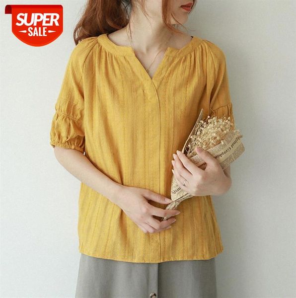 

132-0276 korean style summer sweet short-sleeved shirt women v-neck loose solid color pullover #7o5h, Black;gray