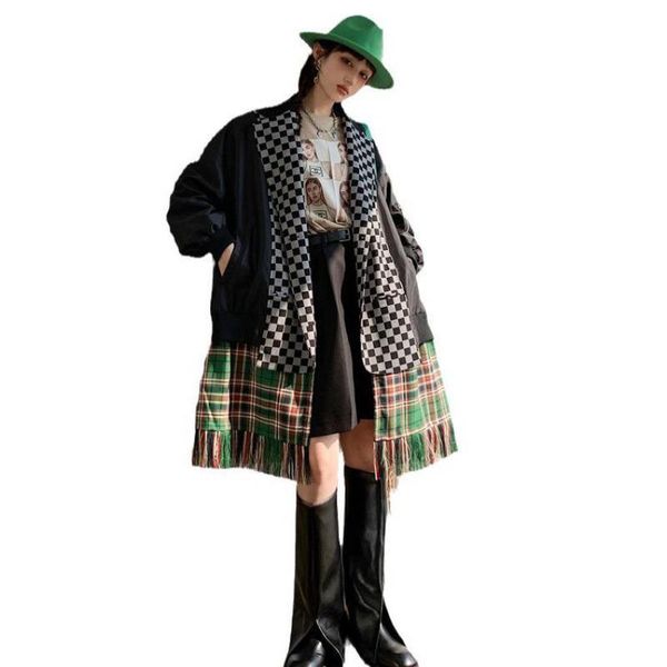 

women's jackets yuerwnag women coat tassel patchwork asymmetry plaid coats and irregular color matching long 2021 fashion, Black;brown