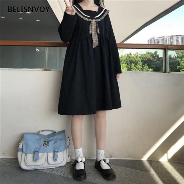 Stile preppy giapponese JK Collare da marinaio Abito lolita Cravatta scozzese Dolce donna Primavera Autunno Uniforme pieghettata nera Kawaii Cosplay 210520