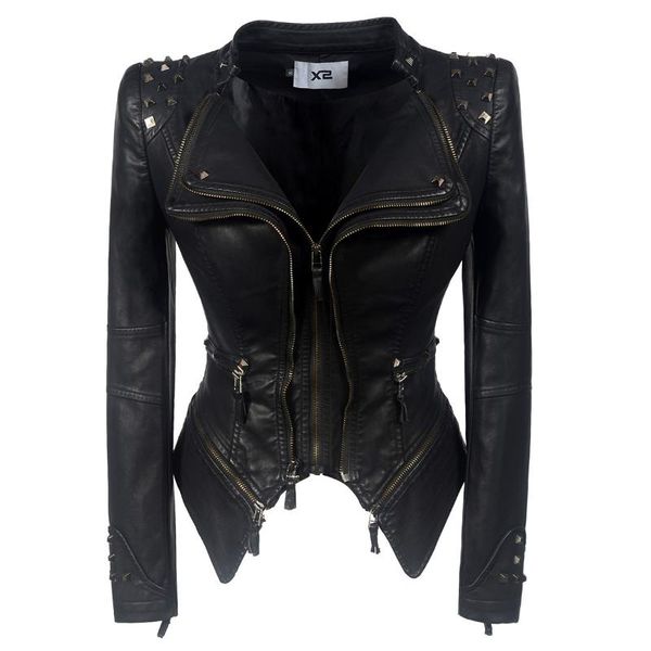 

women's leather & faux style korean shoulder rivet autumn slim waist wash motorcycle pu, Black