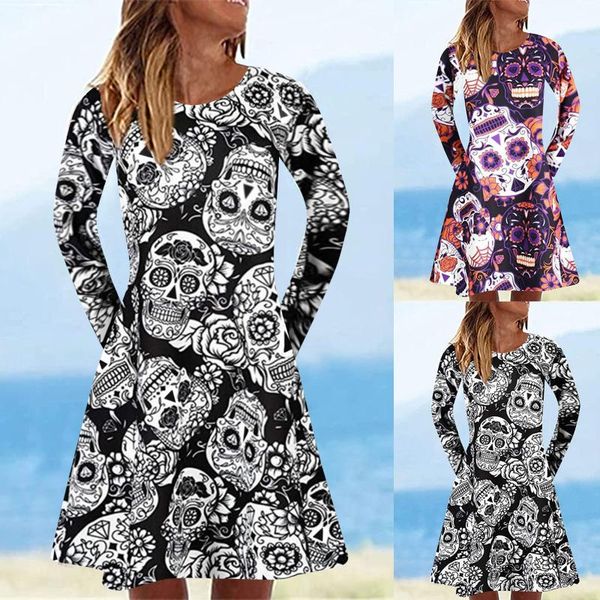 

casual dresses women halloween party dress scary skull print long sleeve punk gothic harajuku street ladies clothing 21809, Black;gray