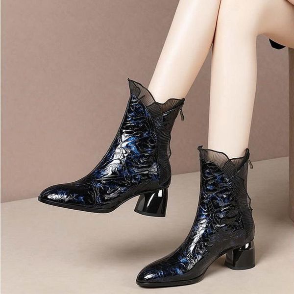

boots microfiber leather lace women short boots,2021 winter shoes,pointed toe,square heel,fashion female footware,black,blue,big size