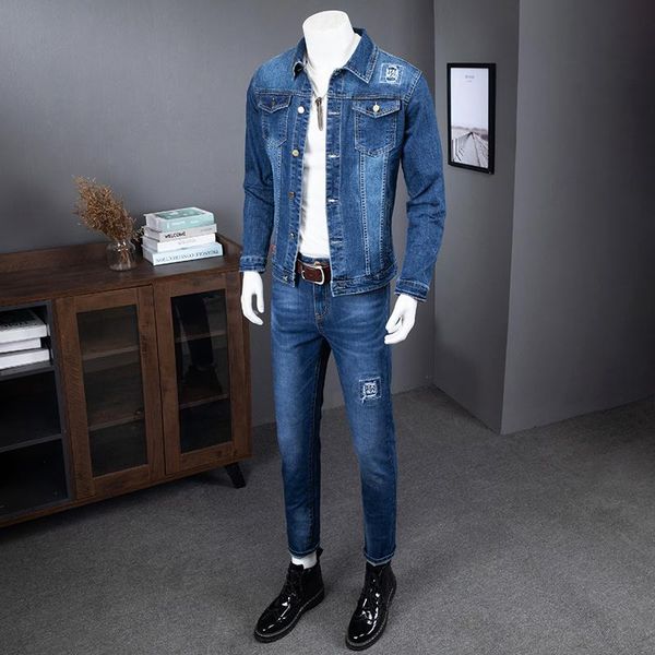 

men's tracksuits mens cargo denim jackets jeans two piece set spring autumn casual men slim fit long sleeve outerwear pencil pants matc, Gray