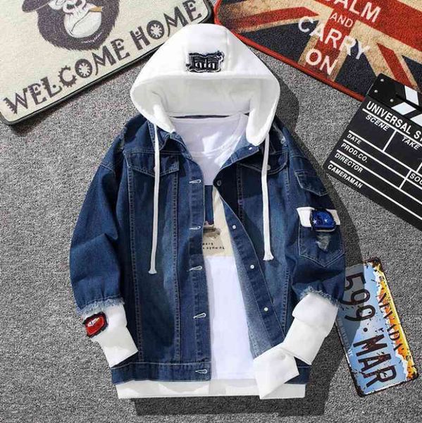 

men denim et streetwear hip hop men's hooded jean ets male casual outerwear 2021 new autumn winter fashion slim fit coat, Black;brown