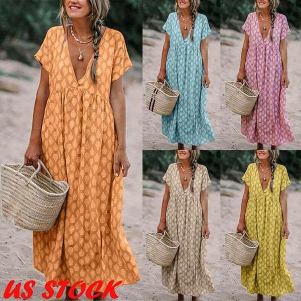 

boho deep v neck womens dress polka dots floral print baggy tunic long pleated loose summer beach holiday sundress, Black;gray