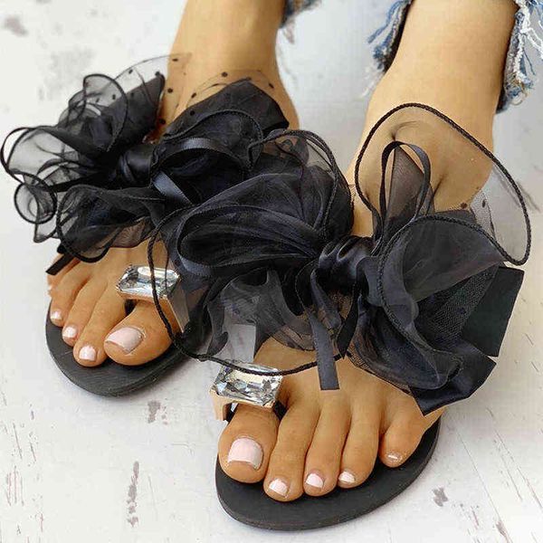 

summer cute bowtie decorate non-slip sandals slipper flats mules casual fashion female beach flip flops mesh beach slides y220224, Black