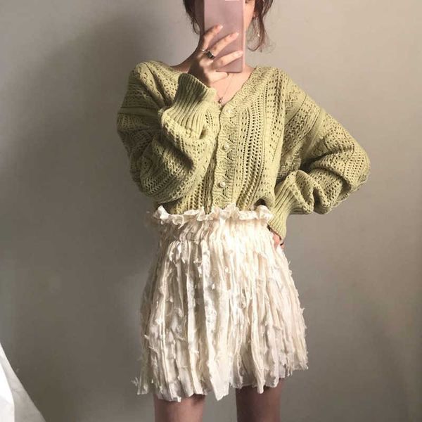 

women spring summer sweater and cardigans low v-neck knit long sleeve hollow out cardigan loose white 210527