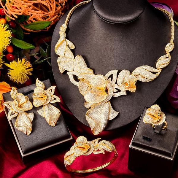 

earrings & necklace godki 4pcs luxury gold mixed big statement jewelry set for women wedding cubic zircon cz african dubai bridal sets, Silver