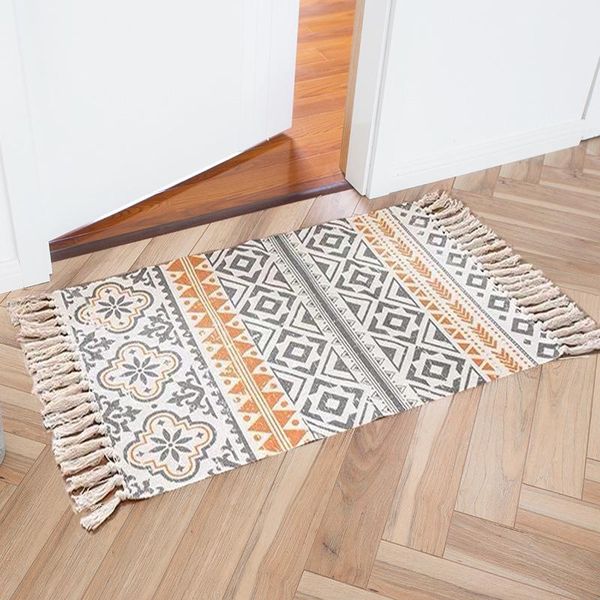 

nordic ins boho cotton linen tassel rug ethnic wind carpet door floor rugs foot pad bedroom non-slip mat home decorative carpets