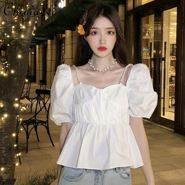

women's blouses & shirts square collar slimming white shirt puff sleeve slim waist chiffon female korean style sweet