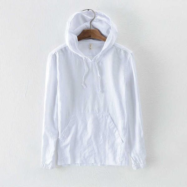 

men's hoodies & sweatshirts casual long sleeve linen with kangaroo pocket white khaki black summer hooded men minimalist