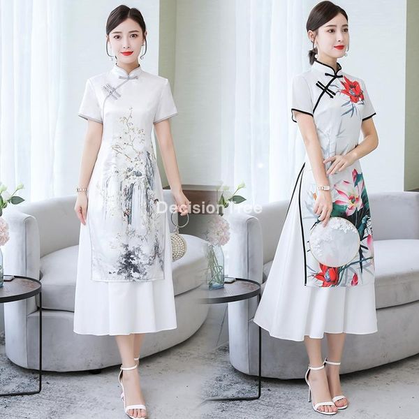 

modern cheongsam ao dai vietnam aodai dress qipao long oriental women mandarin collar floral print party ethnic clothing, Red