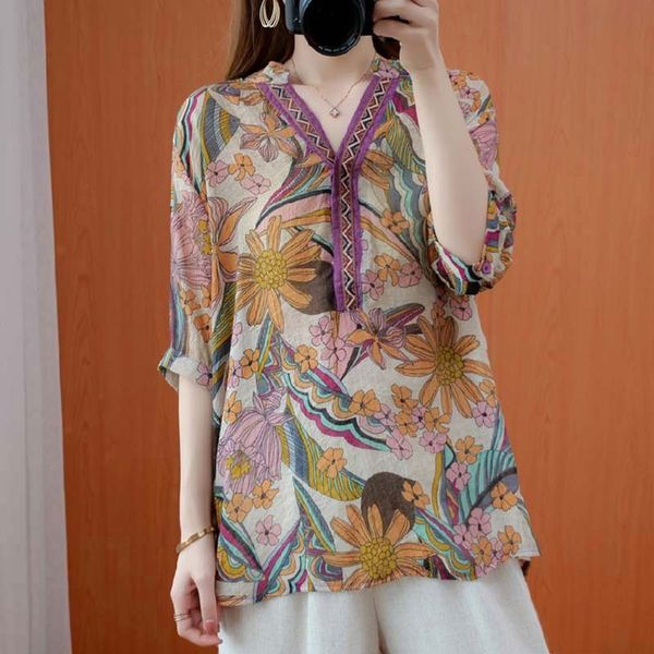 

women cotton casual blouses new arrival summer vintage style v-neck print loose comfortable female shirts s3207 210412, White