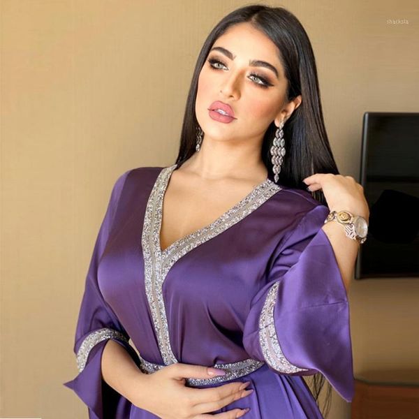 

satin maxi dress jalabiya women middle east diamond v neck long sleeve tie waist muslim islamic clothes abaya turkey dubai 2021 casual, Black;gray