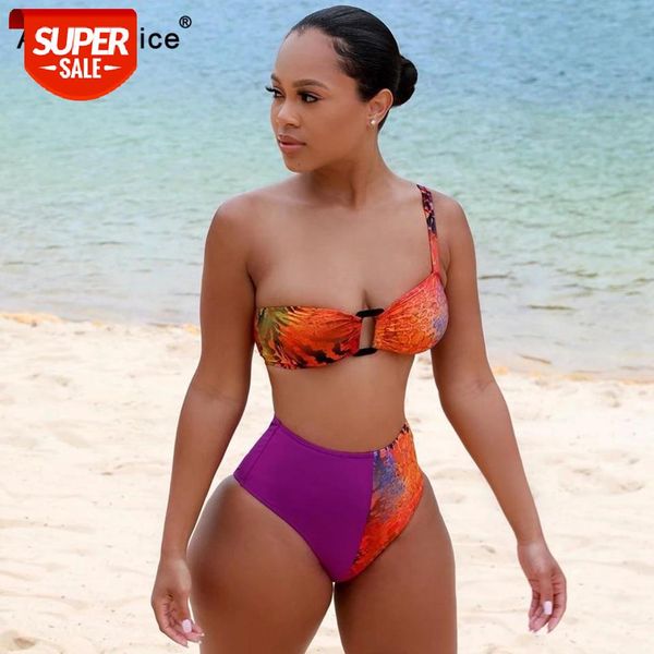 

high waist bikini 2020 one shoulder swimsuit bandeau push up swimwear female bathing suits summer beach wear swimming suit #ha57, White;black