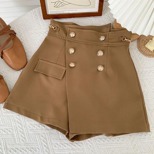 

women's shorts solid high waist wide leg female buttons chain vintage elegant streetwear irregular short summer office lady, White;black