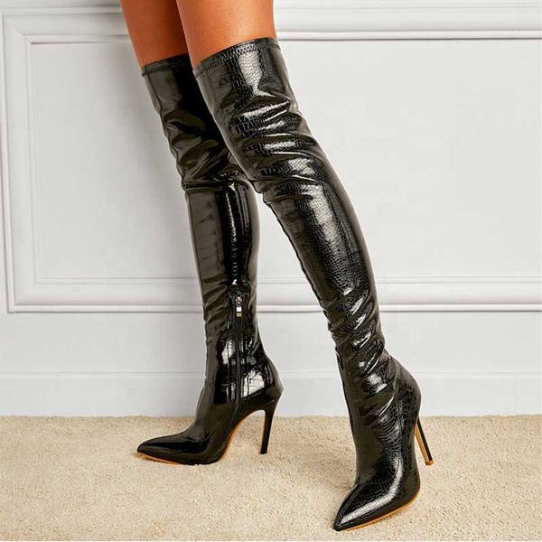 

boots animal print stiletto women pointy toe thin heel over knee high black white pu upper long winter shoes