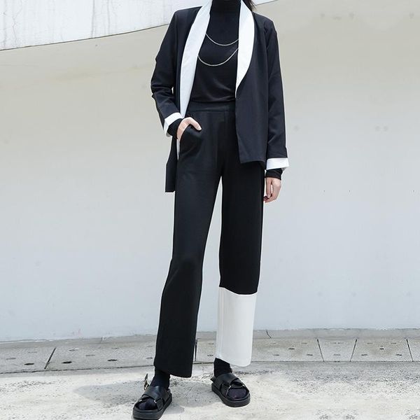 

pendant wide leg pants women's 2021 autumn high waist original hem white stitching loose casual straight capri-pants & capris, Black;white