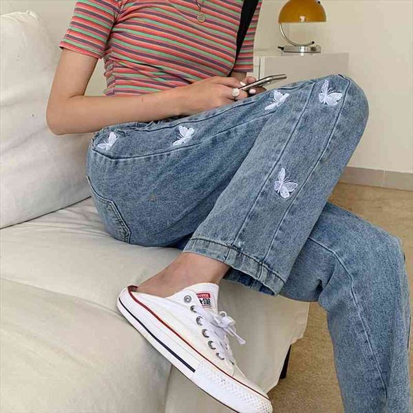

blue baggy butterfly print women jean aesthetic denim pants fashion high waist straight long trousers ladies streetwear
