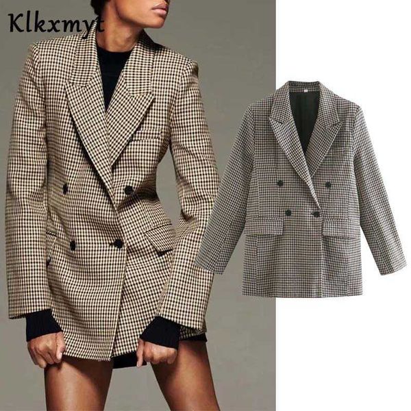 

klkxmyt za women fashion office wear double breasted blazers coat vintage long sleeve pockets female outerwear chic 210527, White;black