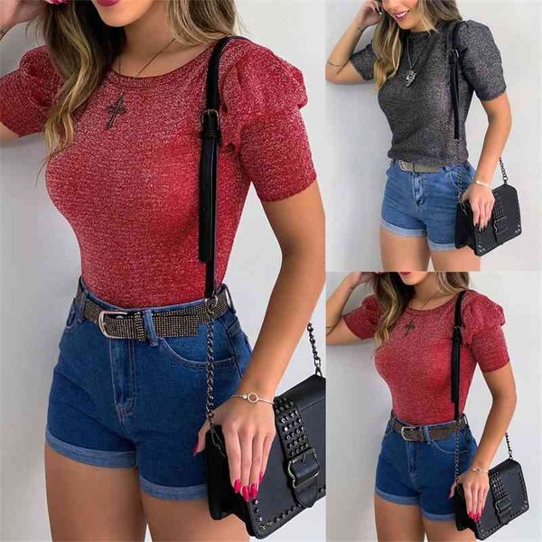 

bright silk women summer t-shirts elegant o-neck puff short sleeve solid office slim pullover harajuku women twinkle tshirt 210507, White