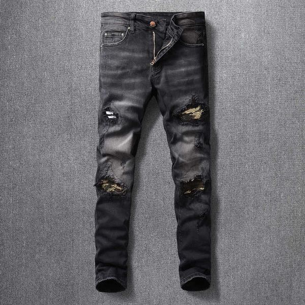 

men's jeans american street fashion retro black gray elastic slim fit ripped camo patches designer hip hop punk pants 4jew, Blue