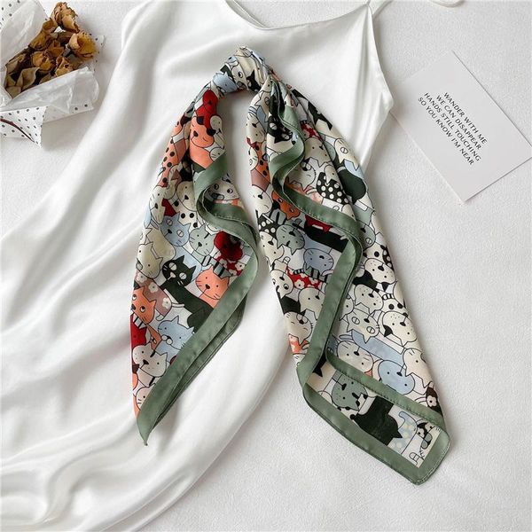 

scarves 2021 cute cartoon silk square scarf women animal neckerchief hand bag shawl and wrap girls hairband foulard hijab 70*70cm, Blue;gray