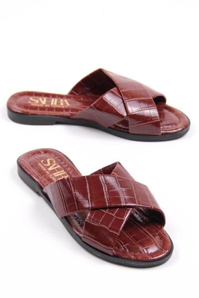 

women's brown kroko slippers, Black