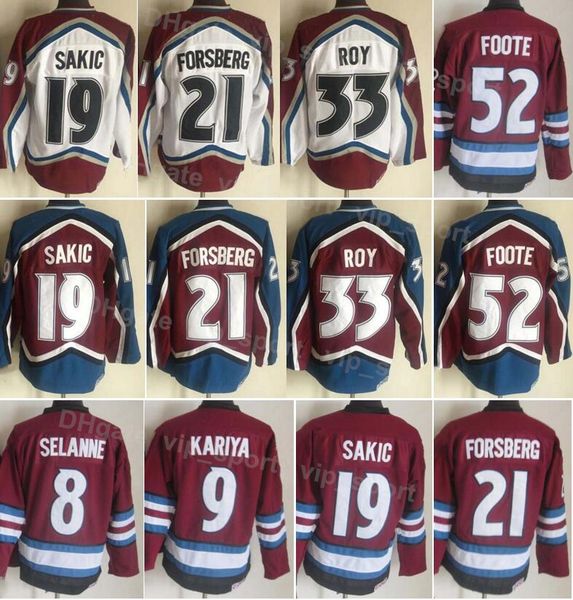 

men ice hockey vintage retro 21 peter forsberg jerseys 19 joe sakic 33 patrick roy 8 teemu selanne 9 paul kariya 52 adam foote white burgund, Black;red