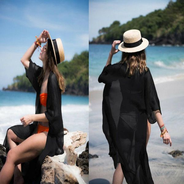 

women's swimwear women solid loose kimono front open beachwear bikini beach wear cover up kaftan summer cover-ups shirt dress, White;black
