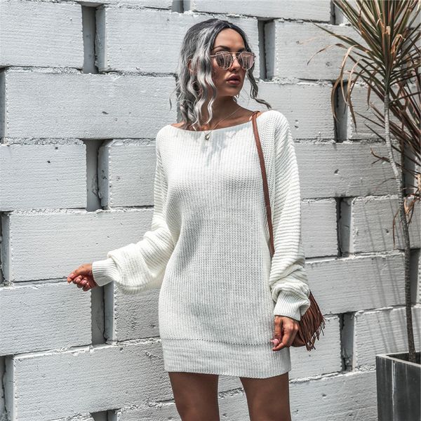 

autumn winter knitted hip casual lantern sleeve solid color mini dress for women 2020 new fashion, Black;gray