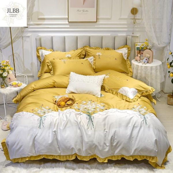 

bedding sets yellow green 60s egyptian cotton girls set daisy bouquet embroidery ruffles duvet cover bed sheet linen pillowcases