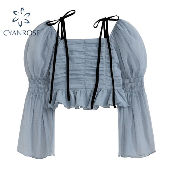 

puff long sleeve draped design blue blouses or crop women slim chiffon party club bar boydcon blusas summer shirt 210417, White